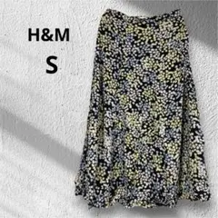美品✨H&M 小花柄 フレアロングスカート【S】 ブラック イエロー Y2K