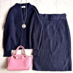 ミラオーウェン カーディガンセットアップ リブ編みニット F ネイビー