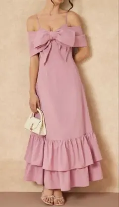 オフショルダー　ノンスリーブ　リボン　ロングワンピース ピンク　XXL