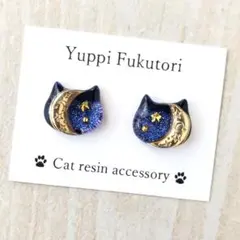 【yf.1335】夜空の猫ピアス　　ネイビー　かわいい　綺麗　ぷっくり　星　月