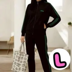 スウェット 韓国 長袖 ストリート セットアップ ジャージ サイドライン 黒