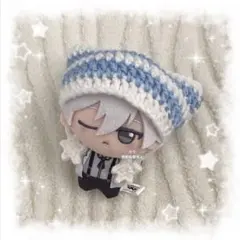 編み物 ちびぐるみ ぬい服 猫耳ニット帽 ホワイト×ライトブルー