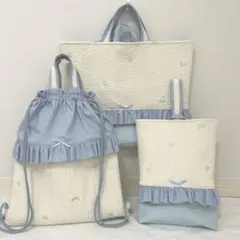 入園入学3点セット　【月と星ヌビ×水色】　女の子　レッスンバッグ　上靴袋　体操服