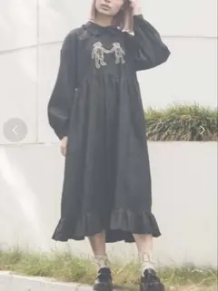 【１回着用】メリージェニー　ロングbearジャガードシャツワンピース　ブラック
