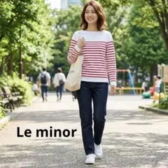 Le minor ルミノア パネルボーダー ワイドカットソー 白 赤　A1011