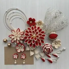 つまみ細工髪飾り　赤　象牙色　ピアスイヤリング　成人式　卒業式　入学式　前撮り