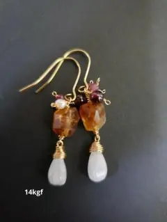 天然石フックピアス ブランデーシトリンとムーンストーン14kgf