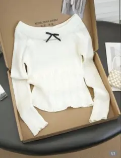 オフショルダーニット リボン付き ニット SHEIN