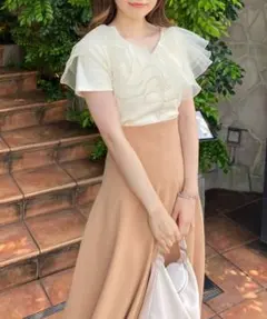 オーガンジーフリル襟テレコトップス NICE CLAUP 半袖 トップス