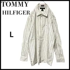 TOMMYHILFIGERトミーヒルフィガー刺繍ロゴストライプ長袖シャツ L白