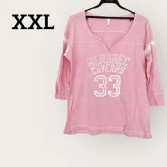 アメカジ XXL ピンク ラグラン 7分袖 Tシャツ ヘンリーネック 海外古着
