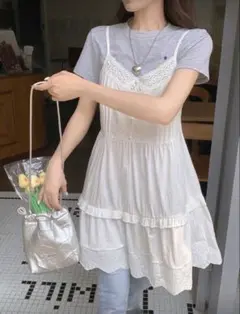 【SHEIN】ホワイト キャミワンピース レース装飾