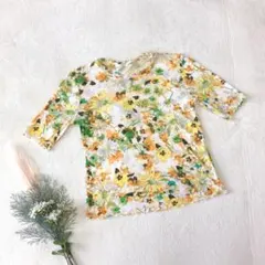 T493 極美品 シャミー 花柄フリルブラウス フラワー コットン100 春夏