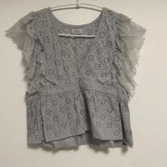 flower レース 半袖 ブラウス くすみブルーのサムネイル