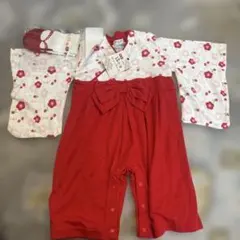 赤い花柄袴ロンパース 70-80cm 靴下付き　70〜80