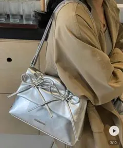 シルバー メタリック リボン付き ショルダーバッグ　シーイン　shein