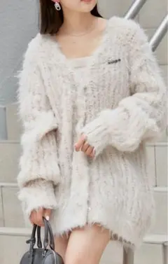 ブローチ付シャギーモヘアカーディガン