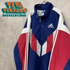 レア90s【古着】アディダス 刺繍ナイロンジャケット ネイビー メンズXL