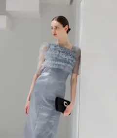 【LEJA】チュールアシンメトリーティアードフリルIラインドレスワンピース