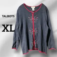TALBOTS タルボット ビーズ刺繍 ジップアップ カーディガン XL 濃紺
