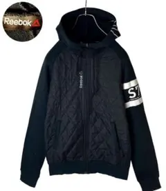 Reebok異素材MIXブラック パーカースウェット×ナイロン