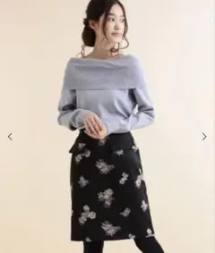 フラップ付花柄タイトスカート　ブラック