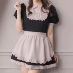 pium ピウム エプロン付きコットンフリルカフェワンピース ブラック