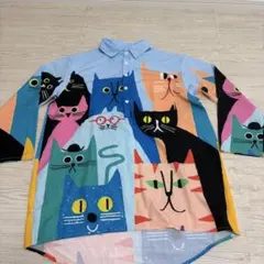 猫柄 長袖シャツ カラフル 総柄 ゆったりサイズ　Mサイズ