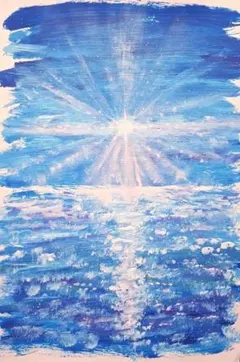 青　A4サイズ　フレーム入り　手描き　原画　日差し、空と海の絵
