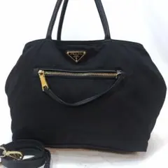 プラダ トートバッグ 2way ショルダー レザー×ナイロン 三角ロゴ 黒