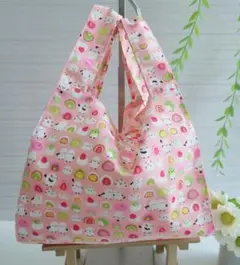 コンビニエコバッグ 和菓子と文鳥柄 ピンク レジ袋型マチ広 お弁当たまごパックに