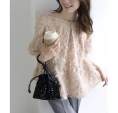 ✾Pierrot✾ ジャカードギャザーフレアブラウス ピンク　Lサイズ