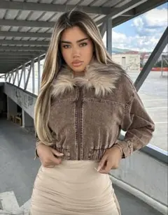 SHEIN ドロップショルダー クロップジャケット ブラウンファー襟