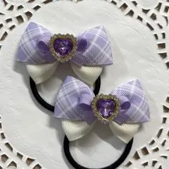 ハンドメイド ヘアゴム パープルチェック ハート a462