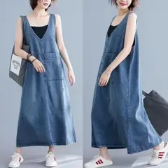 15 デニムワンピース ゆったり 大きい かわいい フレア ロング ブルー L