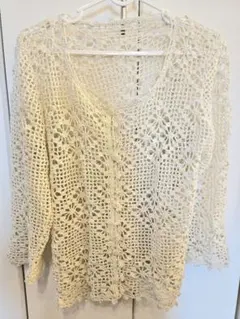 アイボリー レース編み カーディガン かぎ針編み ハンドメイド