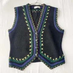 【カザミドリ】ナイガイ ニットベスト Vネック ステッチデザイン 毛100％ M