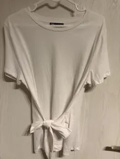 ZARA ホワイト Tシャツ L 前後ウエストリボン