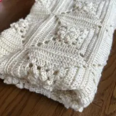 ウール100% お花のブランケットホワイト