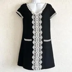 美品 MERCURYDUO レース刺繍ツイードミニワンピ ブラック F レトロ