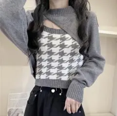 レディース　ニット　2点セット　長袖トップス変形デザイン　キャミソール　グレー