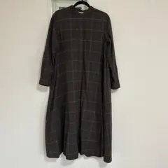 【無印良品】両面起毛フランネルスタンドカラーワンピース ブラウンチェックLサイズ