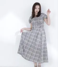 新品タグ付NATURALBEAUTYBASICチェックパフスリーブワンピースPS