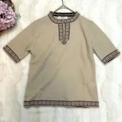 美品【O.E.M.】民族調　半袖ニットシャツ　Mサイズ　ベージュ