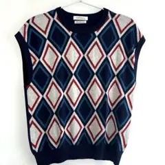 NEWYORKER ダイヤモンド柄 ニットベスト　ベスト　毛 ネイビー　M