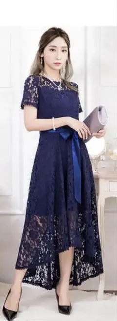 結婚式お呼ばれ ワンピース パーティードレス ネイビー レース 半袖