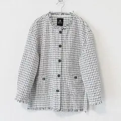 ツイードジャケット ノーカラー フリンジ モノトーン L セレモニー 入学式