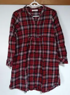 赤色チェック　シャツワンピース