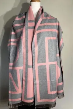 幾何学模様 ストール グレー ピンク フリンジ付き