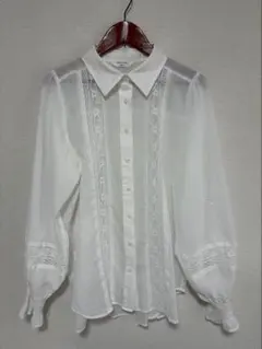 ・サマンサモスモス・ホワイトレース装飾バルーンスリーブシャツ